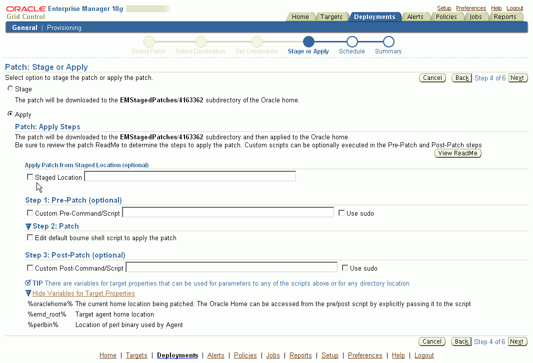 This is the Enterprise Manager Patch : Stage or Apply page.